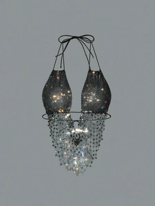 Sexy top a cavezza in rete nera con strass per discoteche, feste e festival