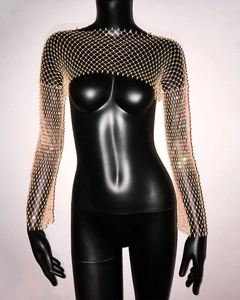 Detail von Netz-Crop-Top mit bunten Strasssteinen auf langen Ärmeln für Damen