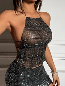 Canotta Sexy con Strass da Donna Nera Schiena Scoperta Crop Top da Festa per Discoteca Festival Musicale Canotta in Poliestere Lucido