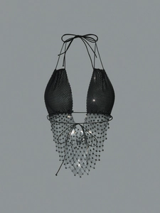 Top a fascia sexy con paillettes nere, frange a rete e strass per le feste
