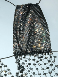 Top sexy a rete nera con strass brillanti e frange per feste in discoteca e club