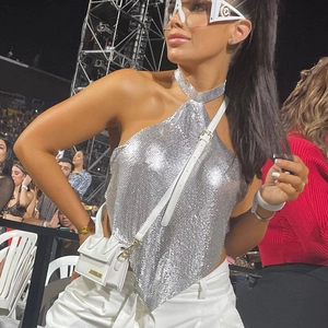 Sexy Silver Metal Sequin Halter Top For Women Backless Nightclub Party Crop Top Metallic Mesh Camisole Clubwear
