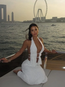 Women's Sexy Halter Deep V Lace Up Top And High Waist Ruched Long Skirt Two Piece Set Solid Color Vacation Party Wear