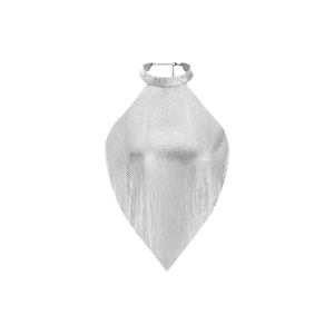 Silver metallic mesh halter top with reflective sequins and back chain for party wear