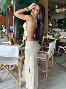 Women's chic beige halter crop top and high slit maxi skirt two-piece summer set