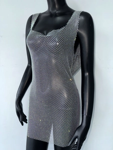 Detailed view of silver rhinestones on a sheer mesh backless party dress for women