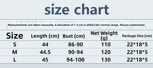 Size chart for rhinestone sequin tank top showing S, M, L measurements and weight details