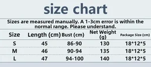Size chart for sequin tank top showing length and chest measurements for S, M, and L