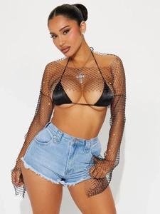 Sexy Damen Netz Crop Top Mit Strass Langarm Durchsichtig Hohl Geschnitten Bolero Party Clubwear T-Shirt