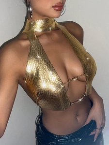 Sexy goldenes Pailletten-Neckholder-Top mit Kettennetz-Design für Partys
