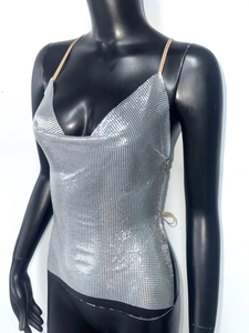 Detailed view of silver metal mesh halter top with shimmering sequins for party wear