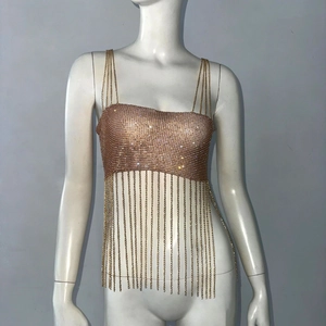 Sexy rose gold sequin chainmail top with sparkling rhinestones and long fringe tassels