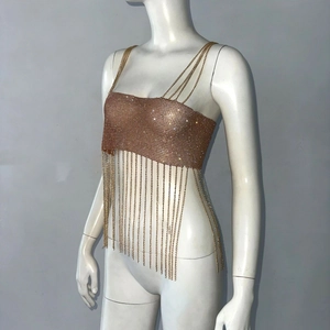 Rose gold sequin mesh crop top with sparkling chain tassels and thin metallic straps