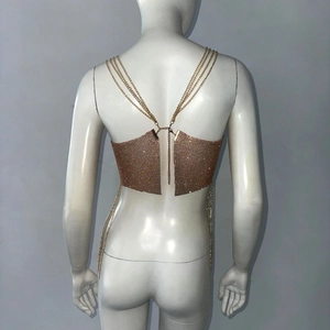 Sexy gold metallic sequin halter top with backless chain design for party wear