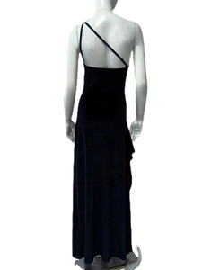 Detailed back view of sleek black velvet one-shoulder evening dress with open back design