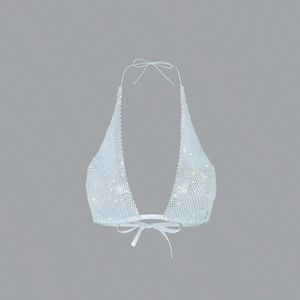 Close-up of luxury sparkling rhinestone mesh halter top with adjustable tie straps