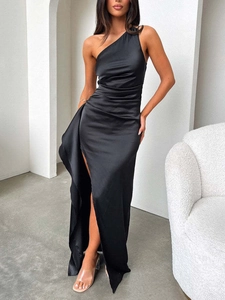 Women One Shoulder Slit Satin Gown Sexy Black Ruched Bodycon Maxi Dress Elegant Evening Party Club Cocktail Long Gowns