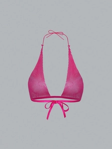 Detailed view of the hot pink mesh halter top with adjustable tie straps and beadwork