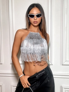 Sexy silver sequin tassel halter top for women ideal for nightclub parties and music festivals