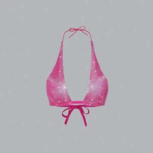 Detail of hot pink mesh halter top with shimmering rhinestones and satin tie closure