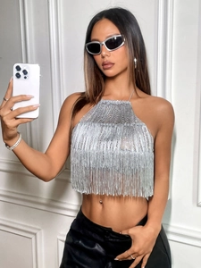 Sexy silver fringe halter top for women featuring metallic tassels for party clubwear style