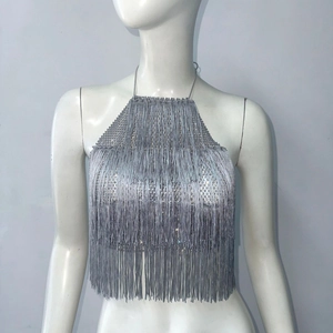 Detail of silver metallic fringe top with sequin accents for party festival wear