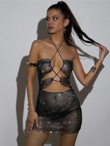 Robe Courte Sexy Dos Nu Halter en Maille de Strass Ajourée pour Femmes Tenue Moulante Sans Manches pour Soirée