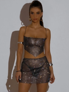 Femmes Sexy Strass Maille Crop Top à Bretelles Spaghetti Et Mini Jupe Ensemble Fête Club Nuit Vêtements Mode