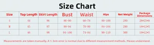 Detailed size chart for two-piece fashion set showing bust waist and length measurements