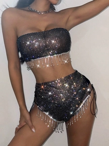 Damen Sexy Strass Mesh Top Und Shorts Glitzernde Fransen Bandeau Tube Top Und Seitliche Schnürung Unterteile Party Clubwear