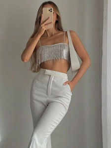 Silver sequin fringe crop top camisole with metal chain straps for women party clubwear
