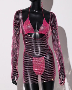 Detail of pink rhinestone fishnet three-piece set with bikini and mesh dress