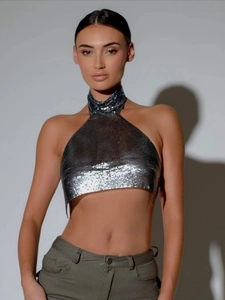 Crop Top Licou Sexy En Paillettes Métalliques Pour Femmes Dos Nu Sans Manches Gilet En Maille Brillante Pour Fête Boîte De Nuit Festival