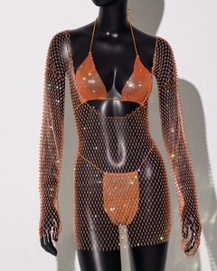 Detail of orange rhinestone fishnet cover-up and matching bikini set on a black mannequin