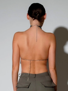 Haut licou à paillettes métalliques avec strass et design de chaîne dos nu pour femme