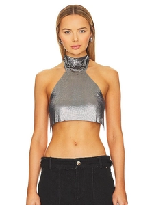 Haut licou à la mode en maille métallique argentée avec paillettes et design à col haut