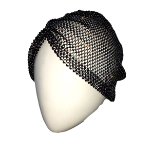 Sparkly black rhinestone turban hat with mesh design for elegant party fashion