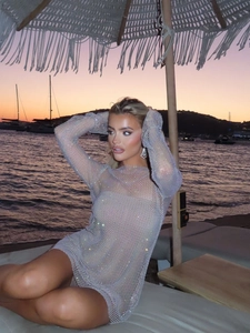 Sexy long sleeve sheer mesh dress with rhinestones and glitters for party beach wear