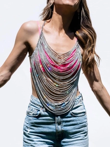 Haut sexy en chaîne de corps multicouche avec strass argentés et col licou
