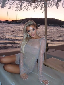 Sexy long sleeve mesh mini dress with shimmering crystals for party and club wear