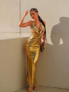 Elegant gold sequined halter maxi dress with cowl neck and metallic liquid texture finish