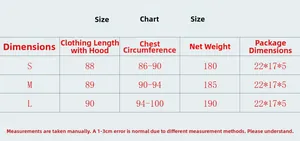 Size chart for rhinestone fishnet hooded top showing S to L measurements and weight details