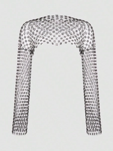 Sexy black mesh shrug top with floral lace daisy pattern and long sleeves for festivals