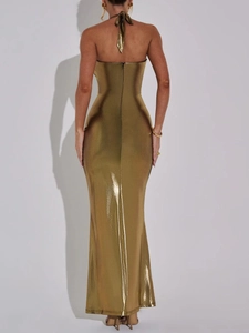 Elegant gold sequins cowl neck halter maxi dress with backless design and metallic finish