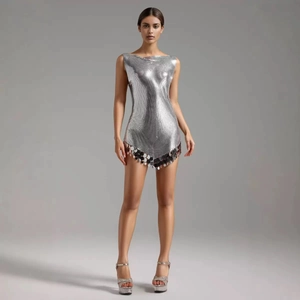 Vue détaillée d'une mini-robe en cotte de mailles argentée avec sequins et ourlet en V
