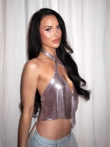 Chic pink metallic sequin halter top with backless design and sparkling mesh fabric
