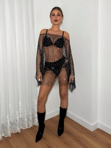 Sparkly black fishnet off-shoulder dress with silver sequins and long sleeves for parties