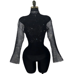 Sexy black rhinestone crop top with fishnet flared sleeves for nightclub party wear