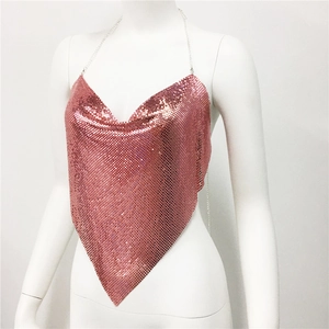 Detail of rose pink metal sequin halter top with chain strap and bandana style hem