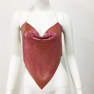 Detail of pink gradient metal mesh crop top with drape neck and silver chain halter